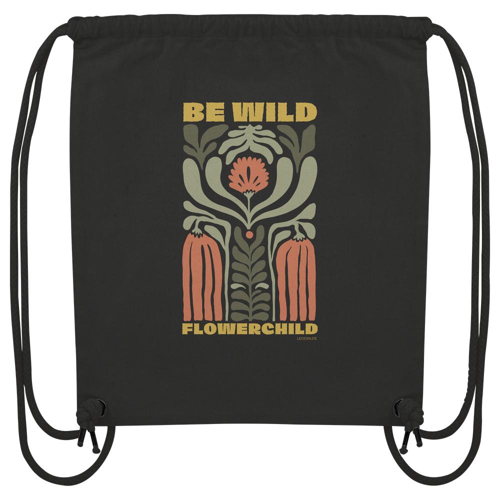Schwarze Flowerchild Gym Bag mit Be Wild Motiv