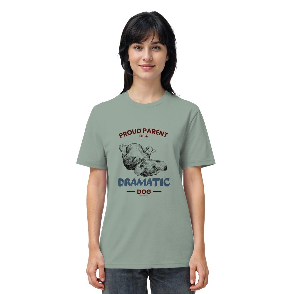Graugrünes Dramatic Dog Unisex Shirt als Damen Tragebild