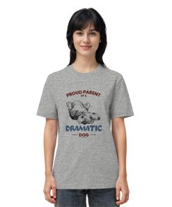 Grau meliertes Dramatic Dog Unisex Shirt als Damen Tragebild
