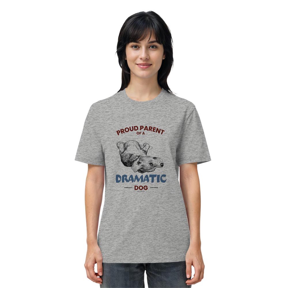 Grau meliertes Dramatic Dog Unisex Shirt als Damen Tragebild