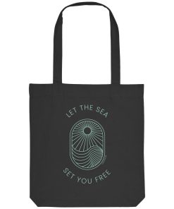 Schwarze Tote Bag mit Let the Sea Set You Free Wellenmotiv