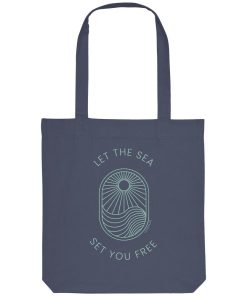 Dunkelblaue Tote Bag mit Let the Sea Set You Free Wellenmotiv