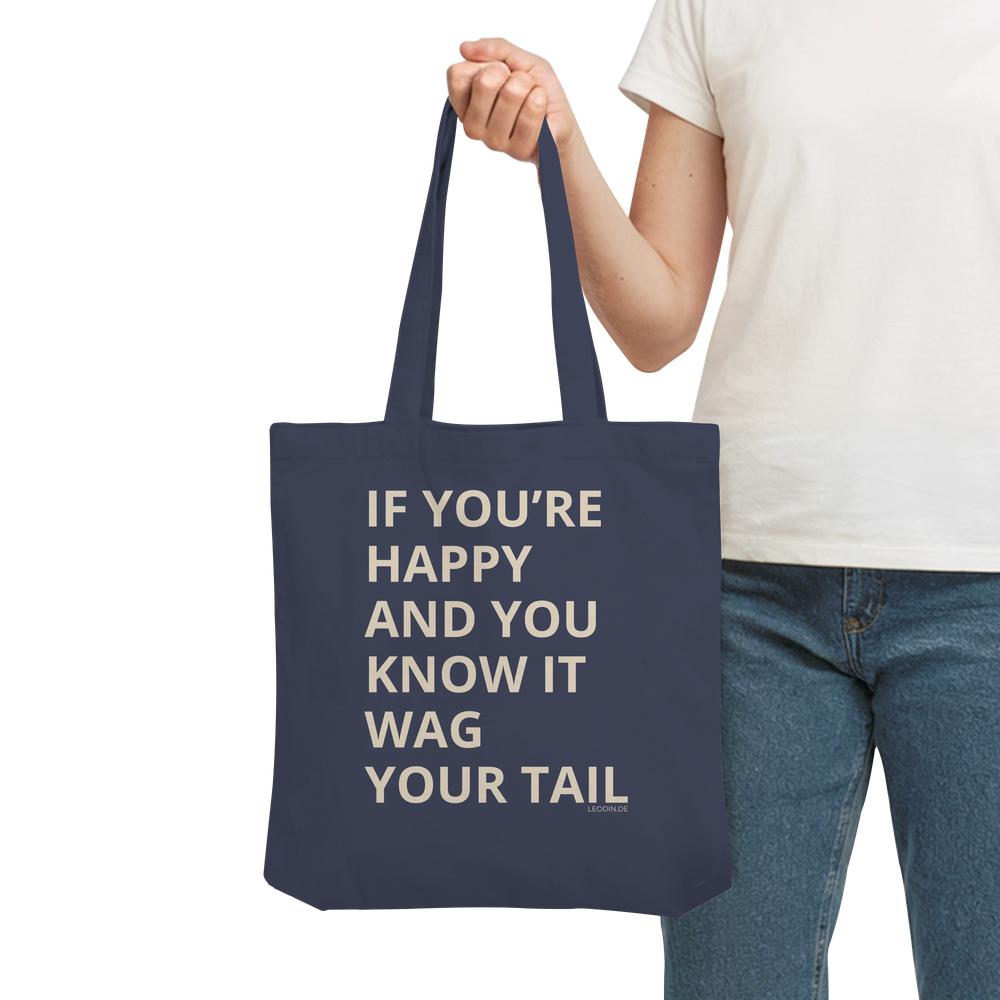 Dunkelblaue Hunde Tote Bag mit Spruch als Tragebild
