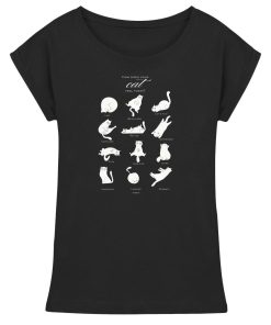 Schwarzes Catmoods Katzen Shirt Damen mit hellem Print und verschiedenen Katzenlaunen