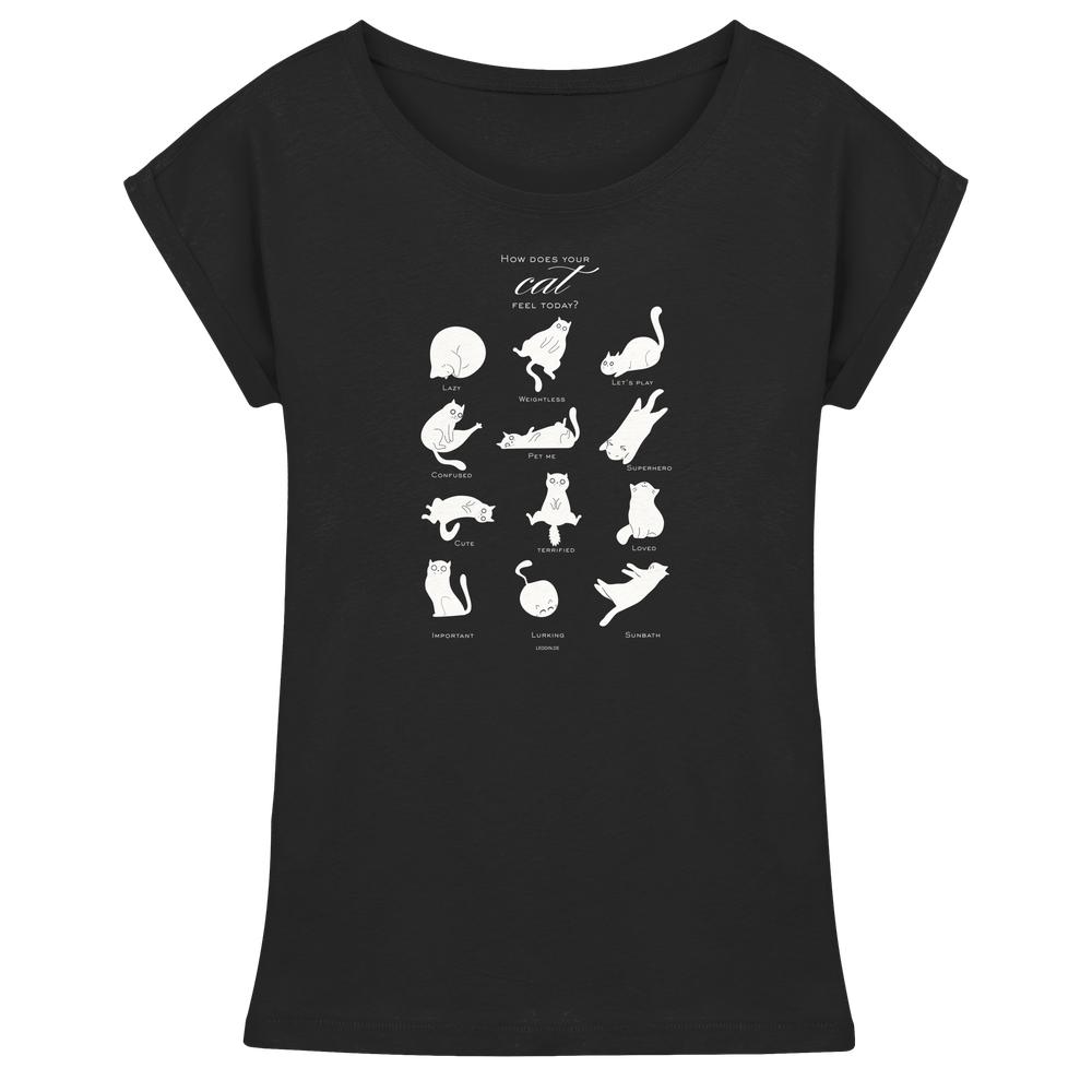Schwarzes Catmoods Katzen Shirt Damen mit hellem Print und verschiedenen Katzenlaunen