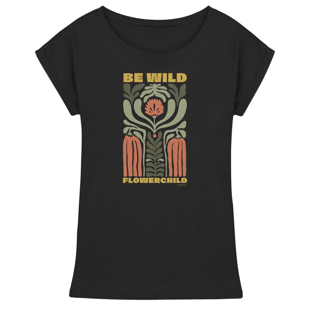 Schwarzes Flowerchild Shirt Damen mit Be Wild Motiv