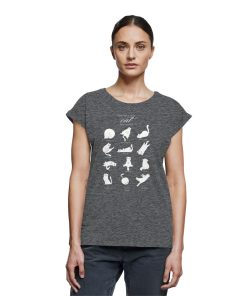 Frau trägt anthrazit meliertes Catmoods T-Shirt mit hellem Katzenprint