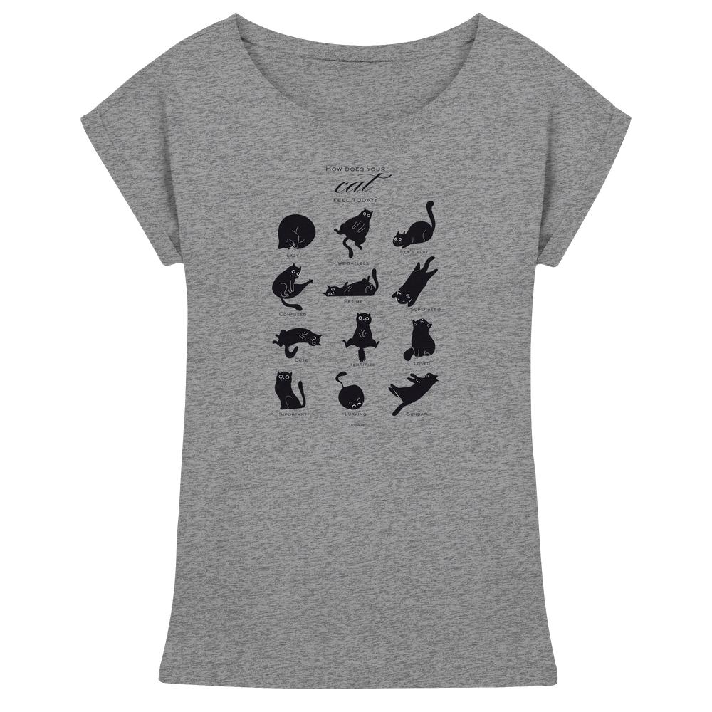 Hellgrau meliertes Katzen T-Shirt Damen „Catmoods“ mit schwarzem Katzenprint