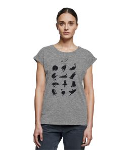 Frau trägt hellgrau meliertes Catmoods T-Shirt mit schwarzem Katzenmotiv