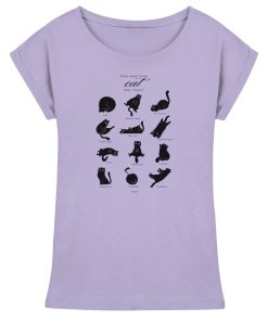 Lavendelfarbenes Damen T-Shirt „Catmoods“ mit schwarzem Motiv aus verschiedenen Katzenlaunen