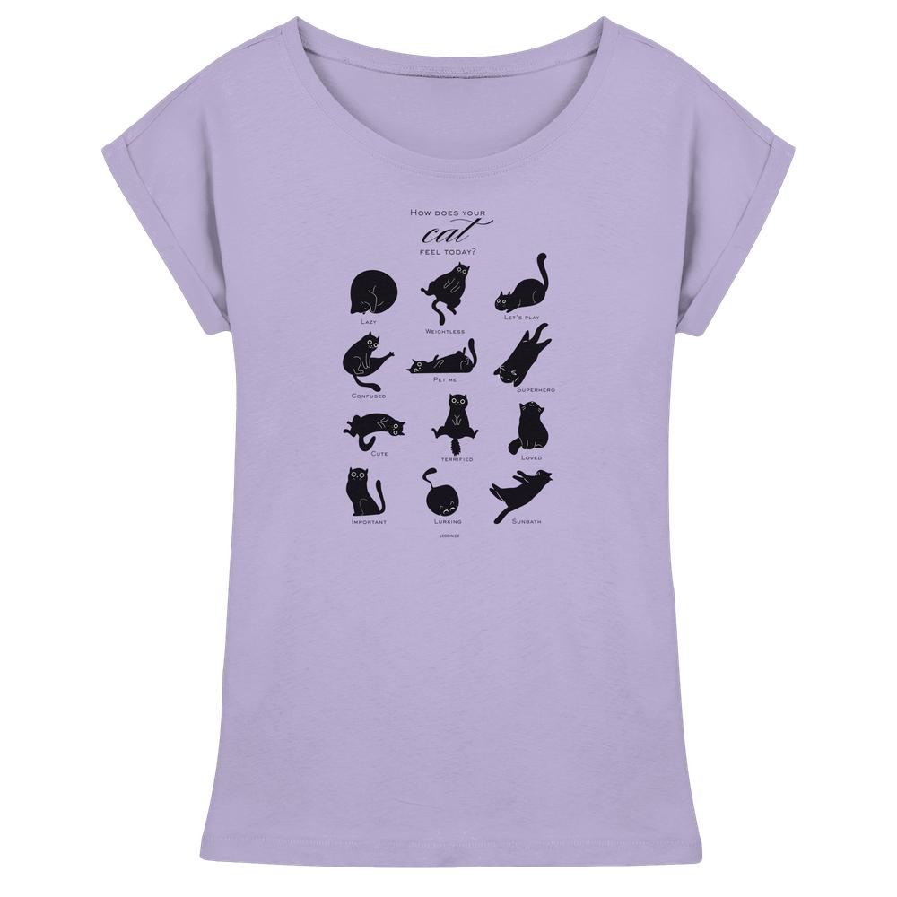 Lavendelfarbenes Damen T-Shirt „Catmoods“ mit schwarzem Motiv aus verschiedenen Katzenlaunen