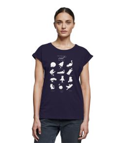 Frau trägt dunkelblaues Catmoods Katzen T-Shirt mit hellem Print