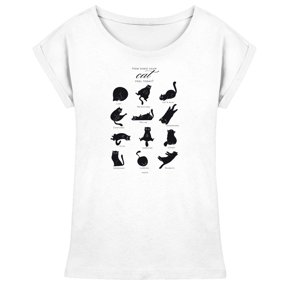Weißes Katzen T-Shirt Damen „Catmoods“ mit schwarzem Print und verschiedenen Katzenlaunen