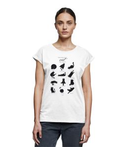 Frau trägt weißes Catmoods Katzen T-Shirt mit schwarzem Katzenmotiv