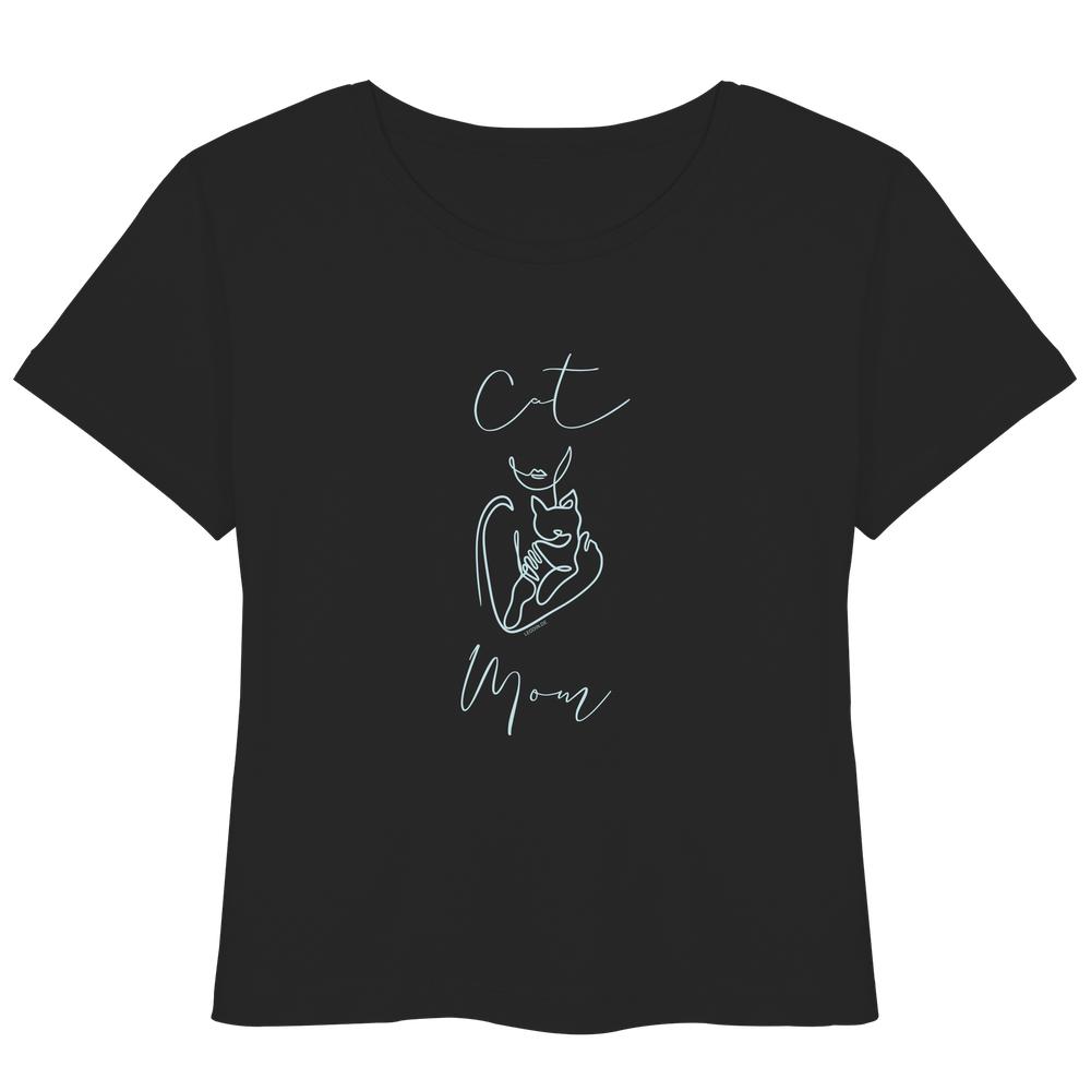 Schwarzes Cat Mom Damen Shirt mit stilvollem Katzenmotiv in Light Azur