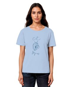 Model trägt hellblaues Cat Mom Damen Bio T-Shirt mit Katzenmotiv