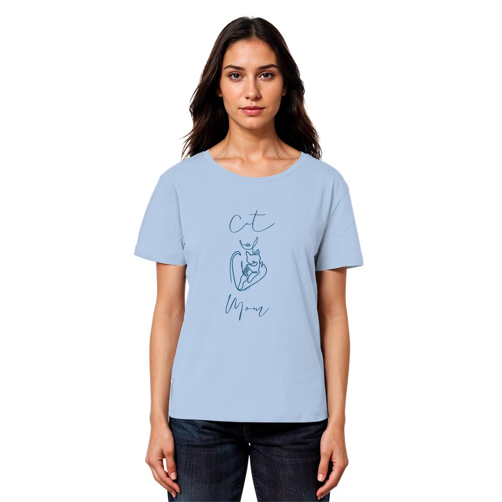 Model trägt hellblaues Cat Mom Damen Bio T-Shirt mit Katzenmotiv