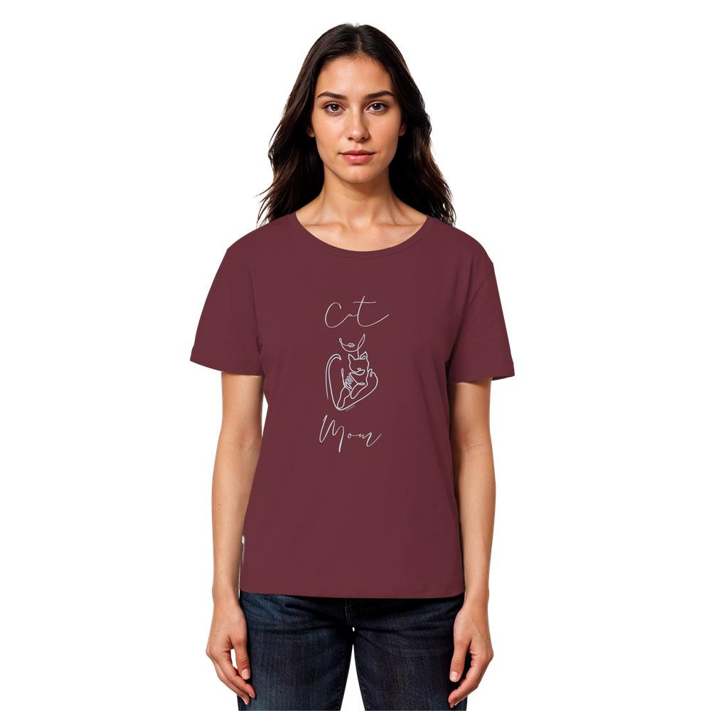 Model trägt weinrotes Cat Mom Damen Shirt mit minimalistischem Katzenmotiv in Light Azur von LEODIN Design
