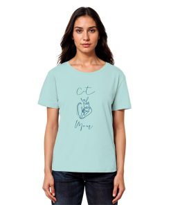 Model trägt türkises Cat Mom Damen T-Shirt mit minimalistischem Katzenprint