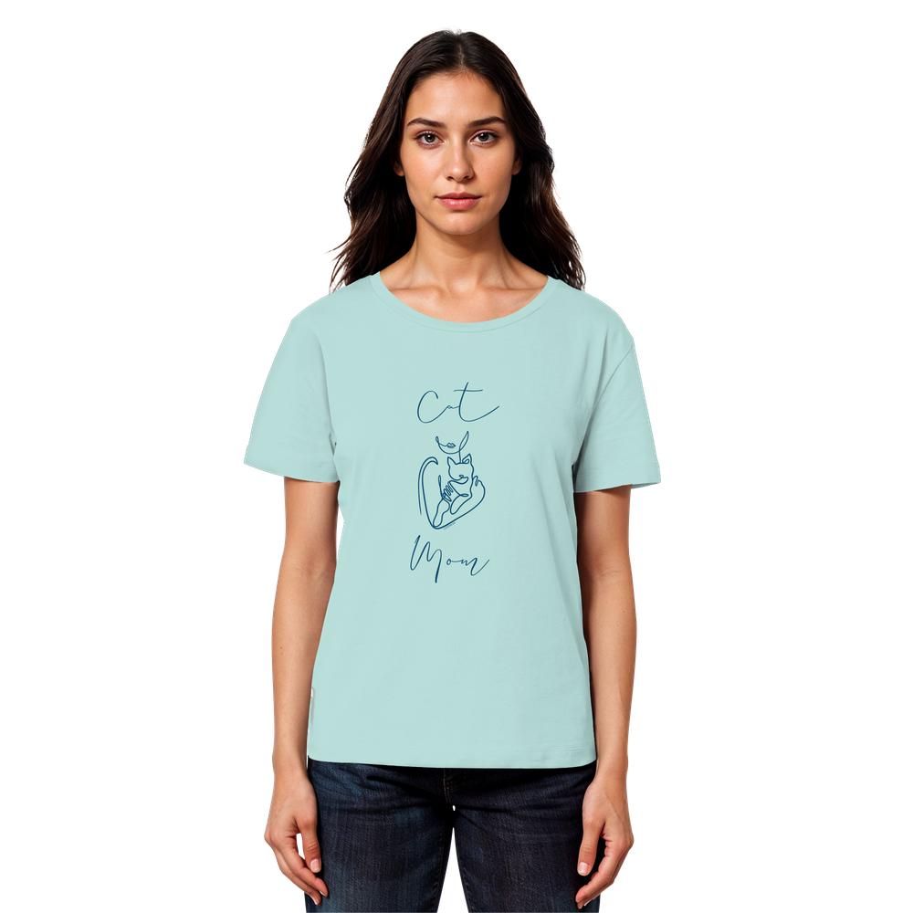 Model trägt türkises Cat Mom Damen T-Shirt mit minimalistischem Katzenprint