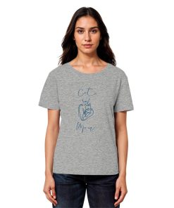Model trägt hellgraues Cat Mom Damen T-Shirt aus Bio-Baumwolle mit Katzenmotiv