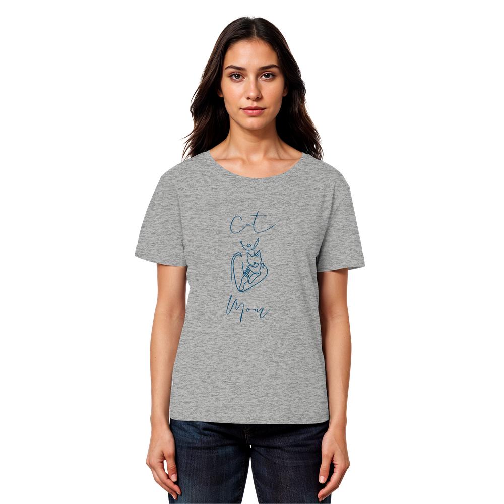 Model trägt hellgraues Cat Mom Damen T-Shirt aus Bio-Baumwolle mit Katzenmotiv