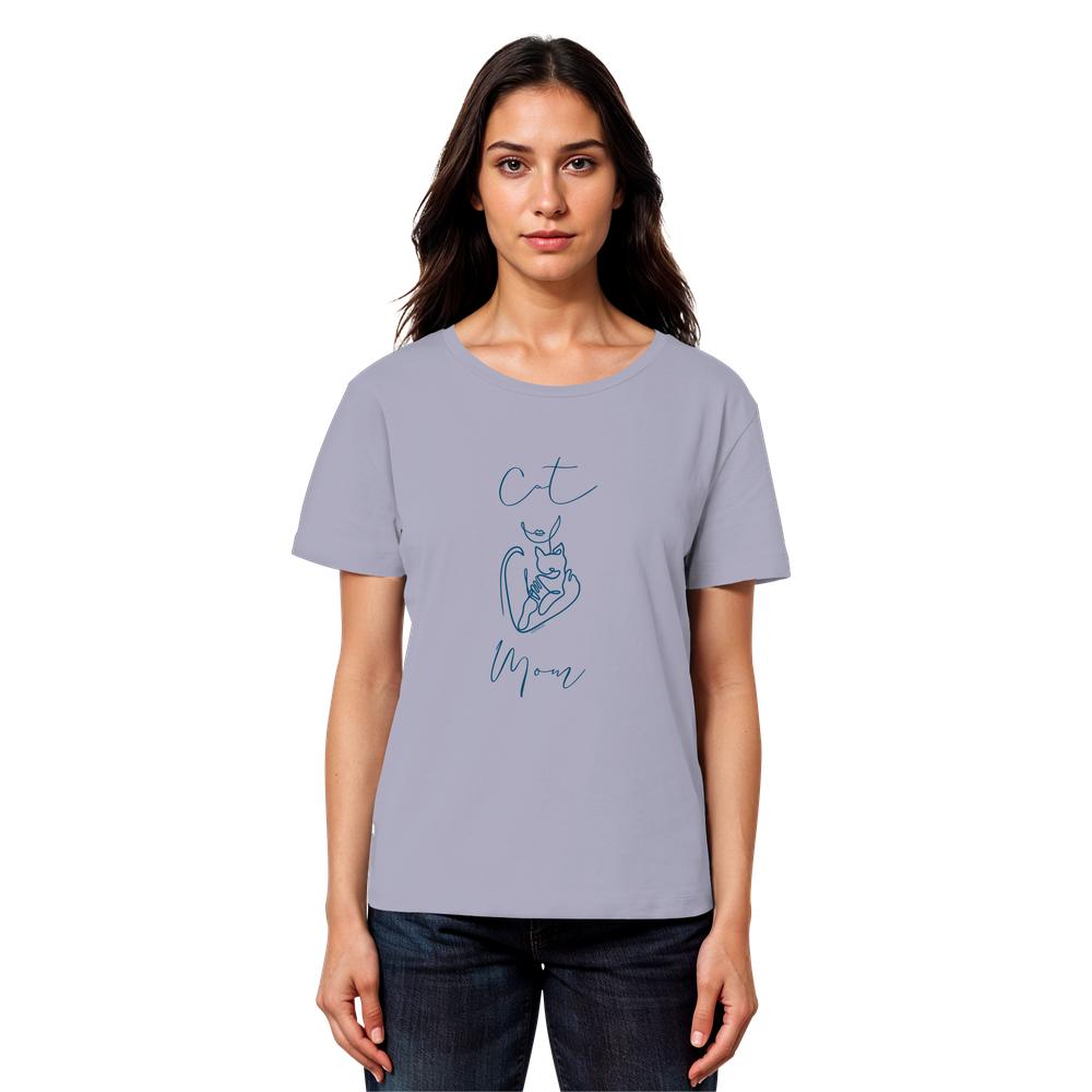 Model trägt lavendelfarbenes Cat Mom Damen T-Shirt mit minimalistischem Katzenprint