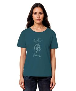 Model trägt petrolblaues Damen Shirt mit Cat Mom Katzenmotiv in minimalistischer Linienzeichnung