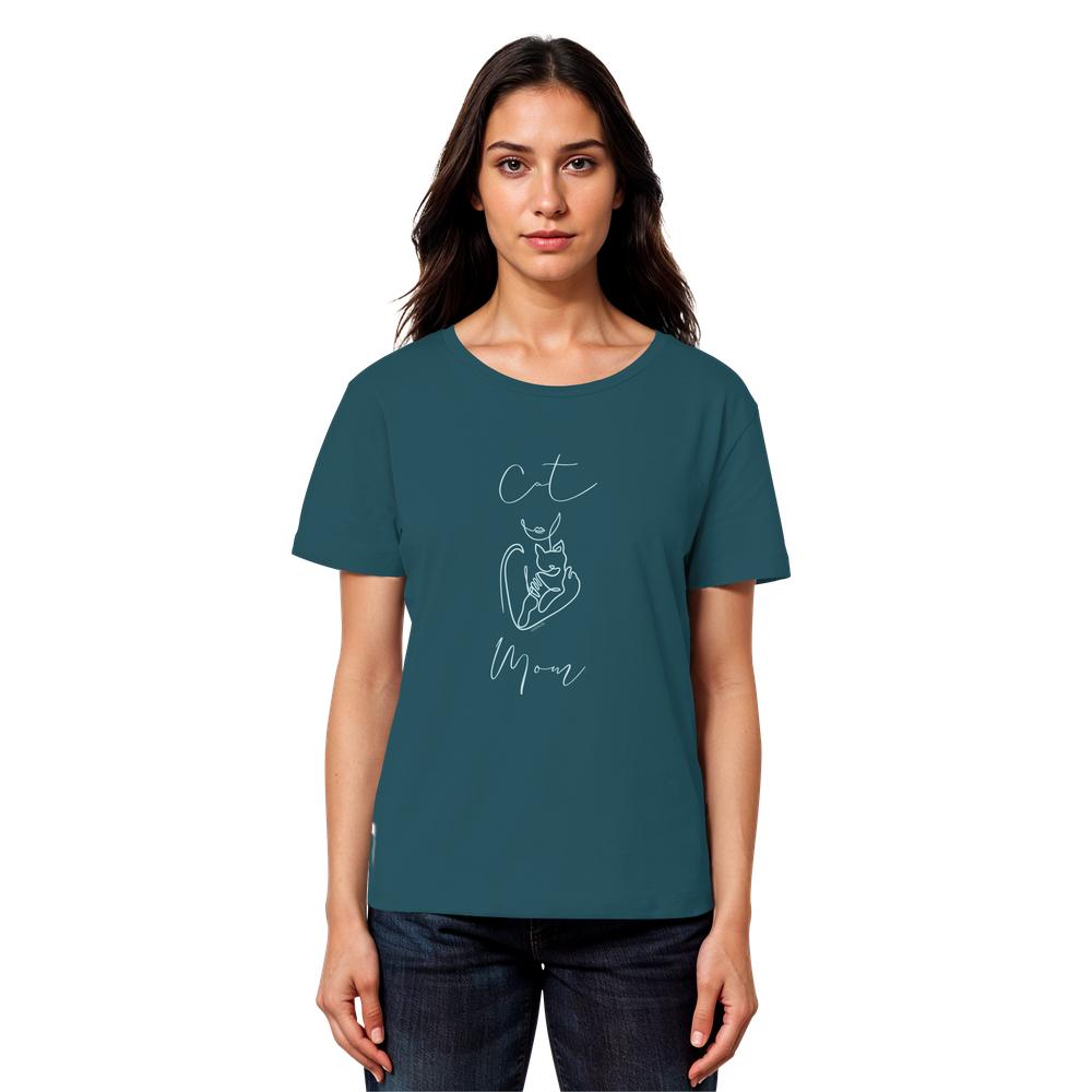 Model trägt petrolblaues Damen Shirt mit Cat Mom Katzenmotiv in minimalistischer Linienzeichnung